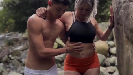 Young stepson fucks his curvy milf at the river for the first time