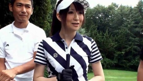 Teacher and other Guys talk Japanese Teen to Blowbang at Golf Lesson