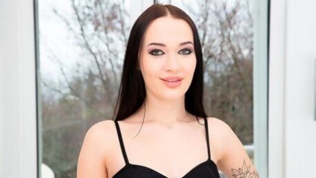 Small-tit brunette Sasha Sparrow fucked in DP style on the sofa